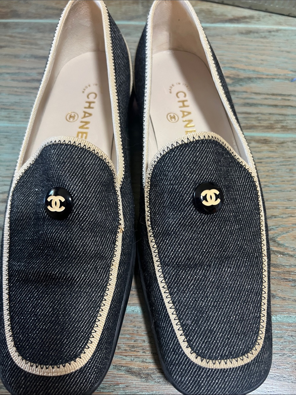 CHANEL Black Denim Loafers with Cream Trim and Gold CC Buttons